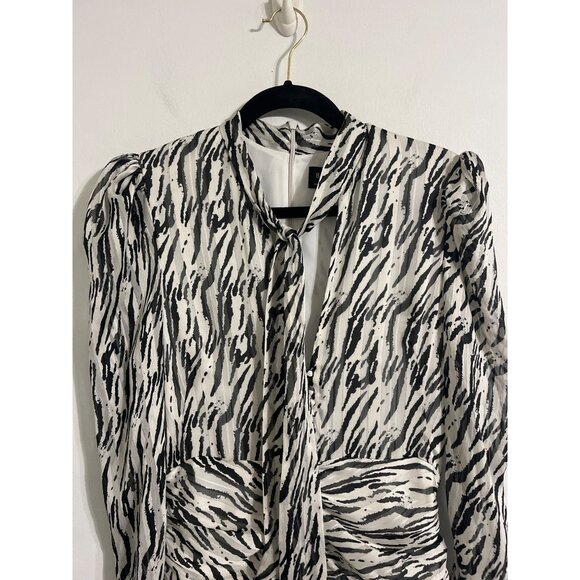 BARDOT Black White Ruched Zebra Print Long Sleeve Flared Hem|Party Dress  US 6 - Picture 3 of 14